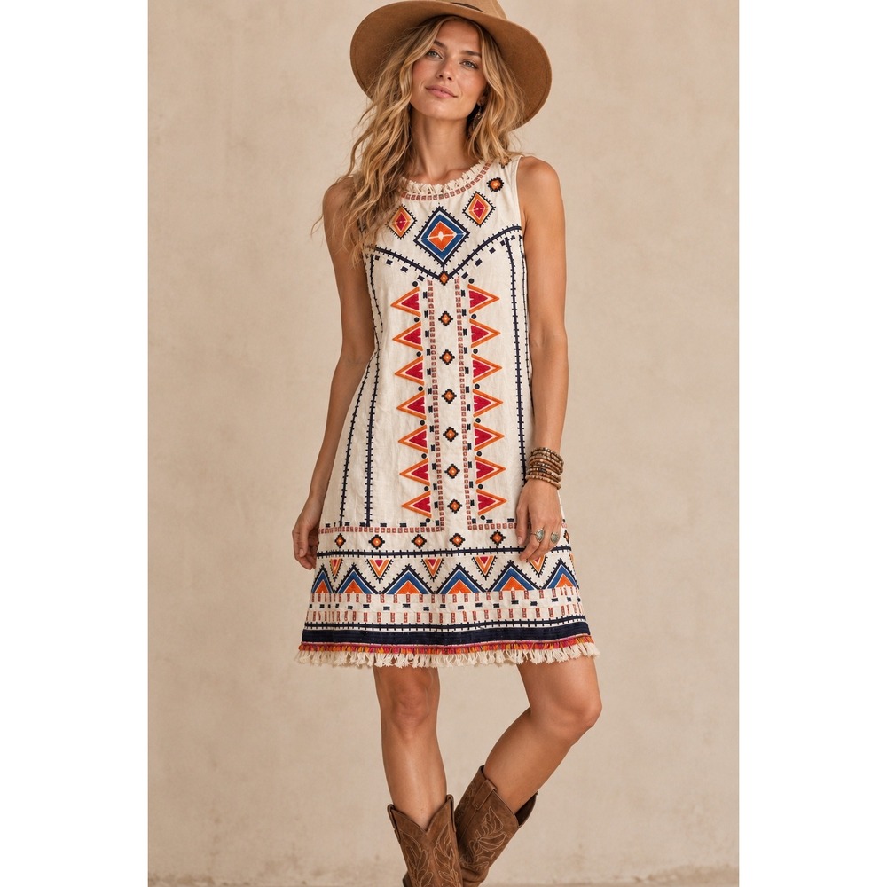 Anthropologie Akemi + Kin Embroidered Fringed Shift Dress Cream Size 4 Boho
